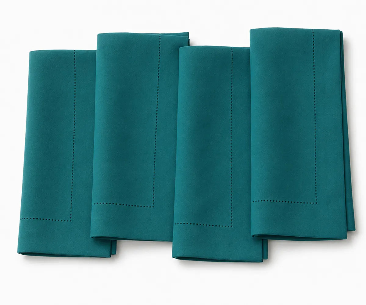 Elegant teal blue cotton hemstitch napkins, reusable washable cloth dinner napkins for weddings, parties, restaurants, and everyday table settings. Elegant teal blue cotton hemstitch napkins, reusable washable cloth dinner napkins for weddings, parties, restaurants, and everyday table settings.