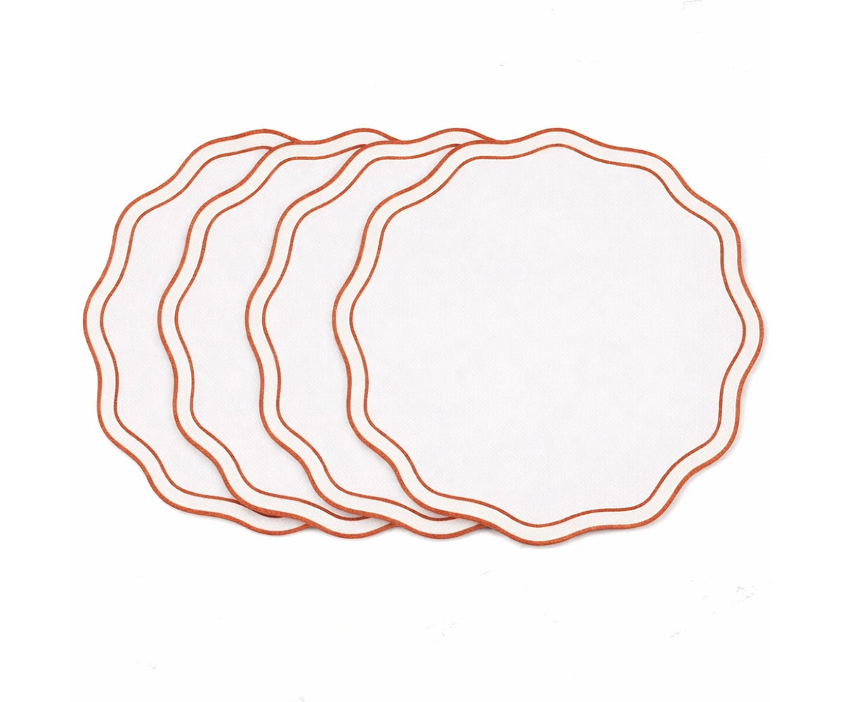 Round cotton placemat in terracotta with white embroidered scalloped border, reusable and washable placemat for everyday and festive dining Round cotton placemat in terracotta with white embroidered scalloped border, reusable and washable placemat for everyday and festive dining