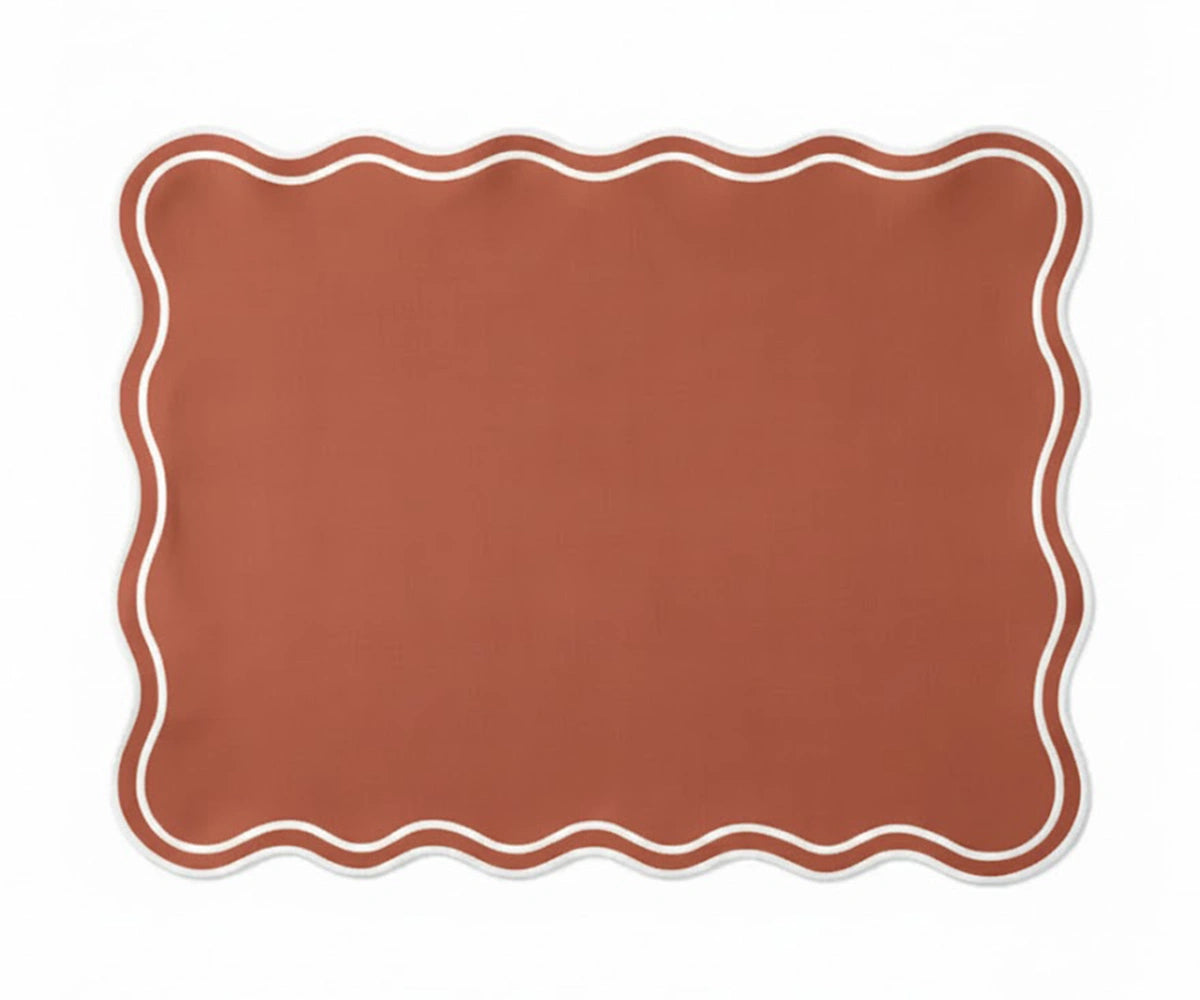 Rectangular terracotta cotton placemats with white scalloped trim, machine washable table mats for everyday and festive dining Rectangular terracotta cotton placemats with white scalloped trim, machine washable table mats for everyday and festive dining