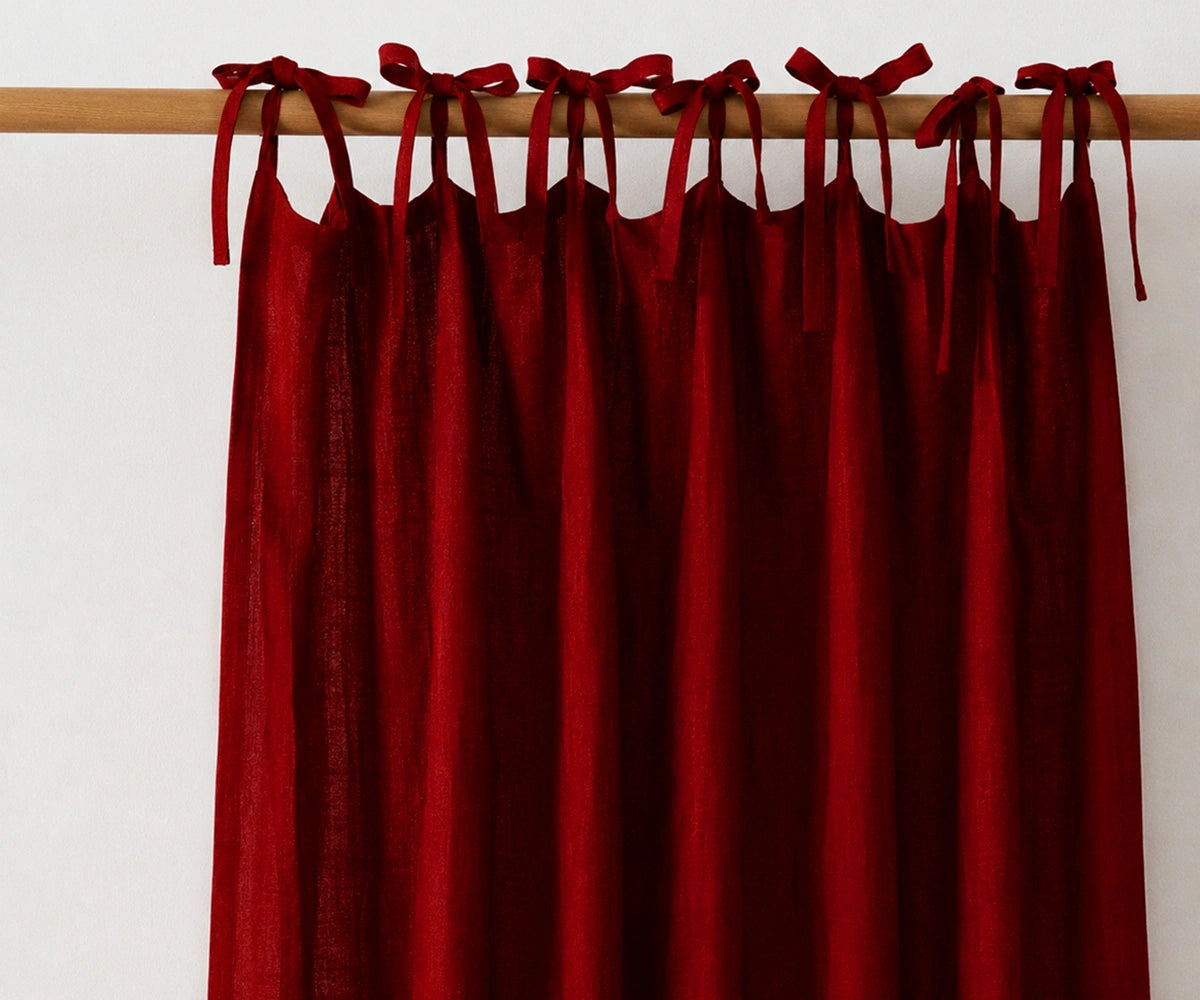 Cherry red tie top linen curtains in breathable European flax linen, decorative window curtain panels for modern and rustic interiors. Cherry red tie top linen curtains in breathable European flax linen, decorative window curtain panels for modern and rustic interiors.