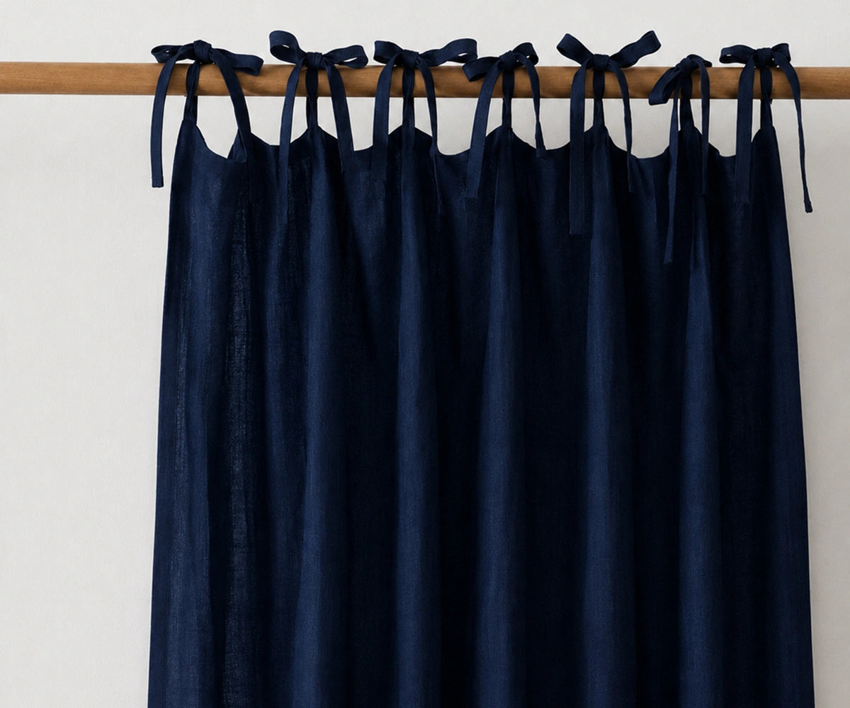 Navy blue tie top linen curtain panels crafted from breathable European flax linen, contemporary drapes for bedroom and living room windows. Navy blue tie top linen curtain panels crafted from breathable European flax linen, contemporary drapes for bedroom and living room windows.