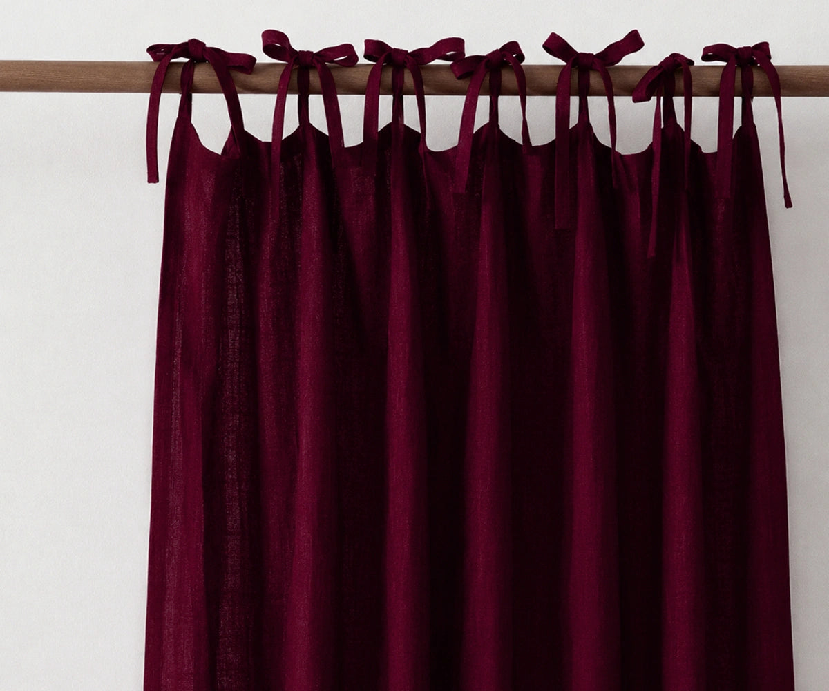 Burgundy tie top linen curtain panel made from 100% European flax linen, farmhouse window curtains for bedroom décor Burgundy tie top linen curtain panel made from 100% European flax linen, farmhouse window curtains for bedroom décor