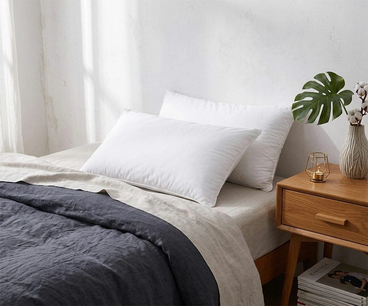 White cotton pillowcases on a modern bed with soft breathable cotton bedding and luxury pillowcases for stylish bedroom decor White cotton pillowcases on a modern bed with soft breathable cotton bedding and luxury pillowcases for stylish bedroom decor