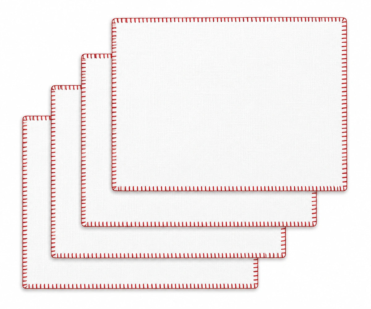 White with Red Stitch Rectangle Cotton Placemats Set of 4, washable dining table placemats with whip stitched edge White with Red Stitch Rectangle Cotton Placemats Set of 4, washable dining table placemats with whip stitched edge