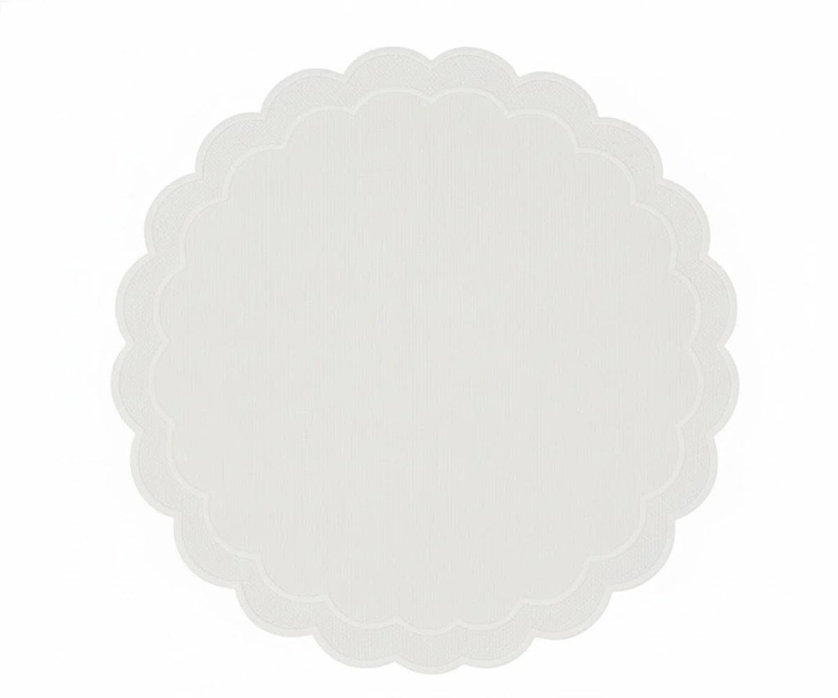 White round scalloped placemat with floral embroidery – cotton dining mat White round scalloped placemat with floral embroidery – cotton dining mat