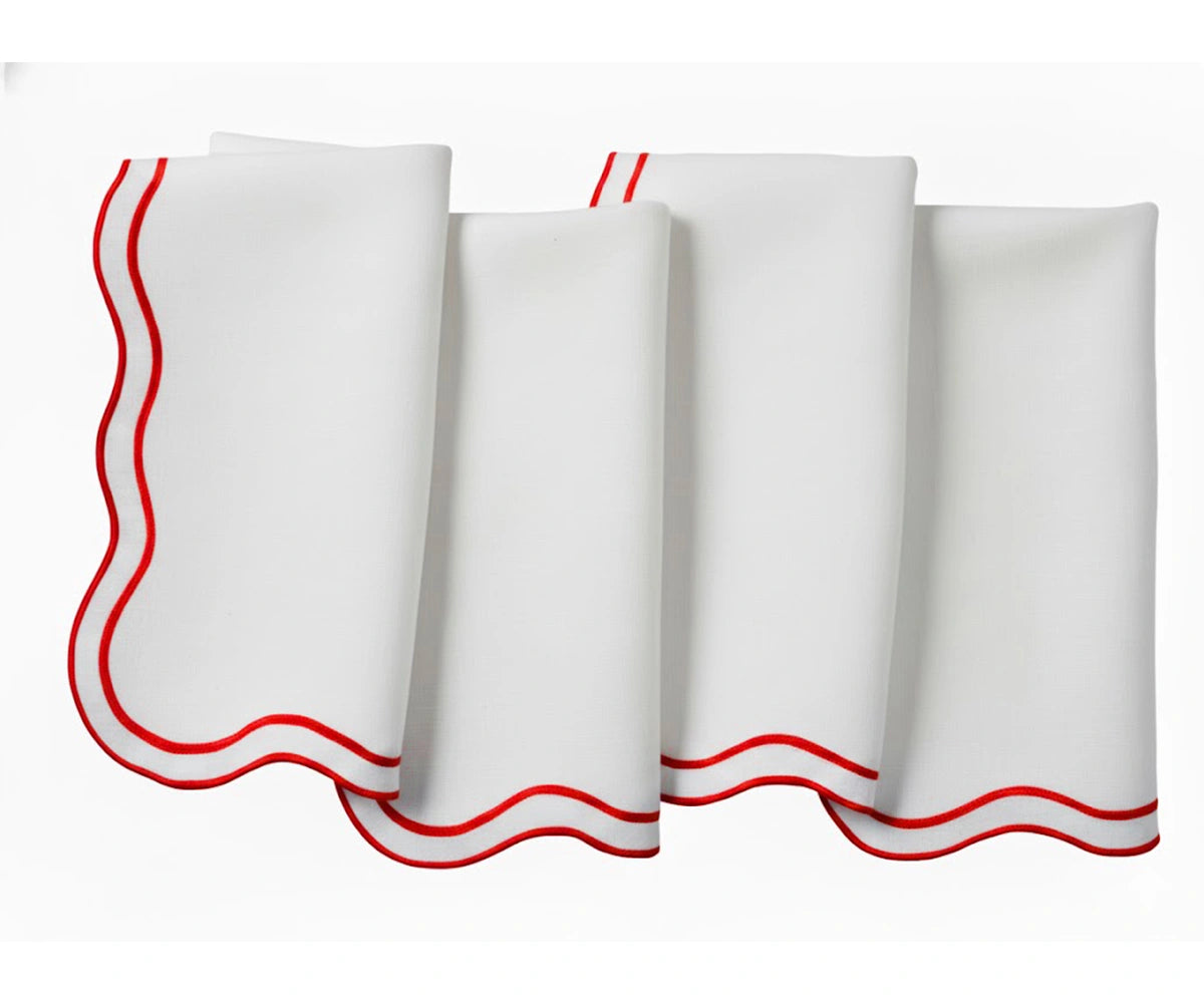 White cotton scalloped napkins with red trim, elegant reusable cloth napkins for festive dining table White cotton scalloped napkins with red trim, elegant reusable cloth napkins for festive dining table
