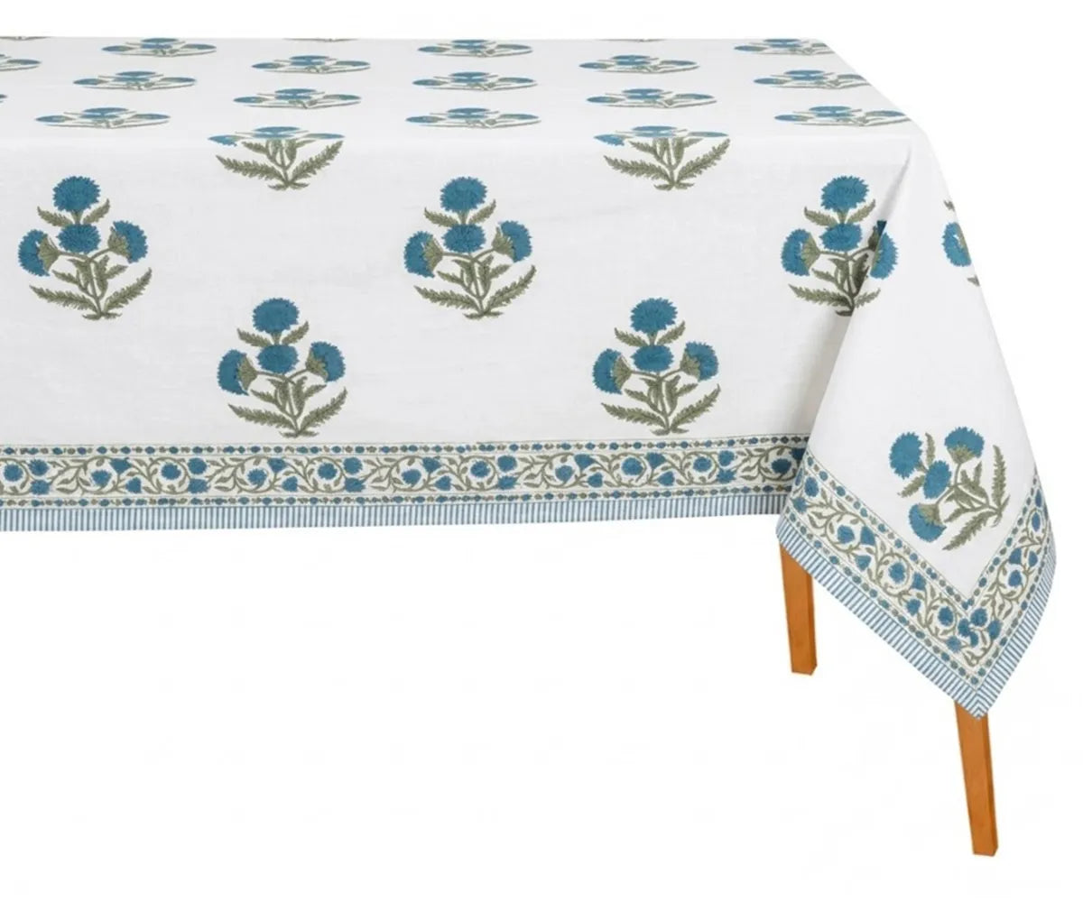 Cotton canvas floral tablecloth rectangle hand block printed dining table cover for everyday and festive use Cotton canvas floral tablecloth rectangle hand block printed dining table cover for everyday and festive use
