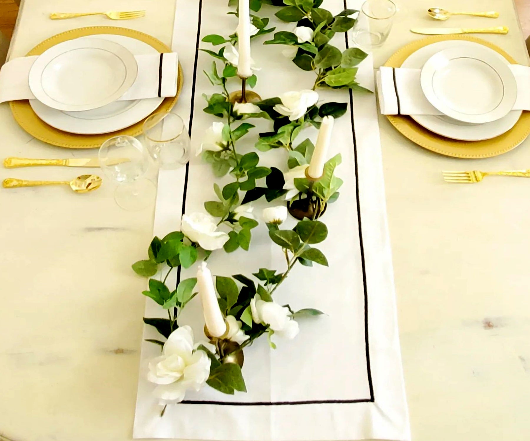 Rustic farmhouse table runner with subtle embroidery work. Rustic farmhouse table runner with subtle embroidery work.