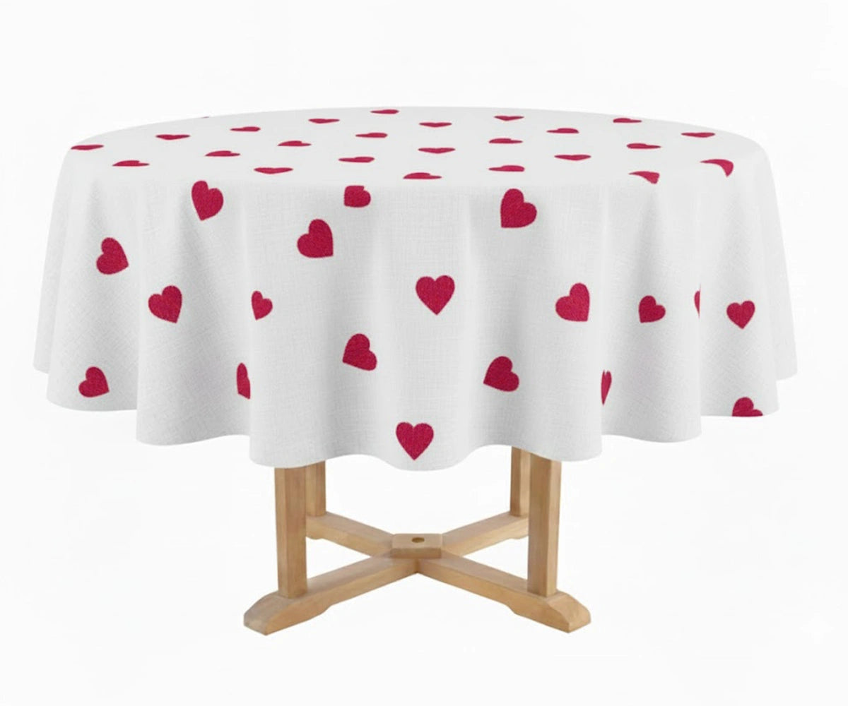 Wine red heart printed round tablecloth in 100% cotton, luxury romantic table linen for festive and Valentine’s décor Wine red heart printed round tablecloth in 100% cotton, luxury romantic table linen for festive and Valentine’s décor