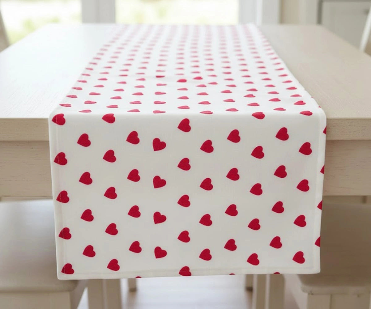 Cotton table runner with wine red heart printed, rich elegant Valentine’s Day table linen Cotton table runner with wine red heart printed, rich elegant Valentine’s Day table linen