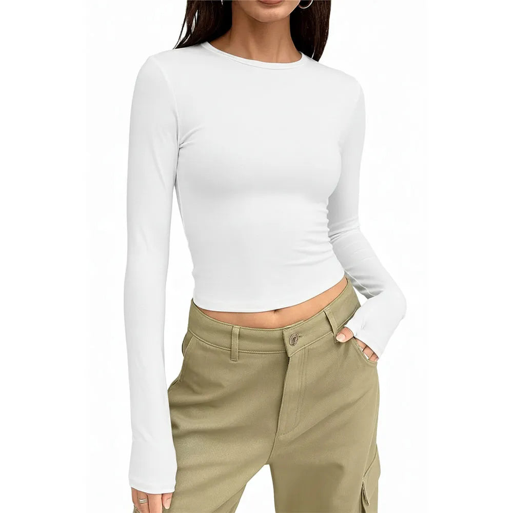 Women’s white long sleeve organic cotton high-hip top for everyday wear Women’s white long sleeve organic cotton high-hip top for everyday wear