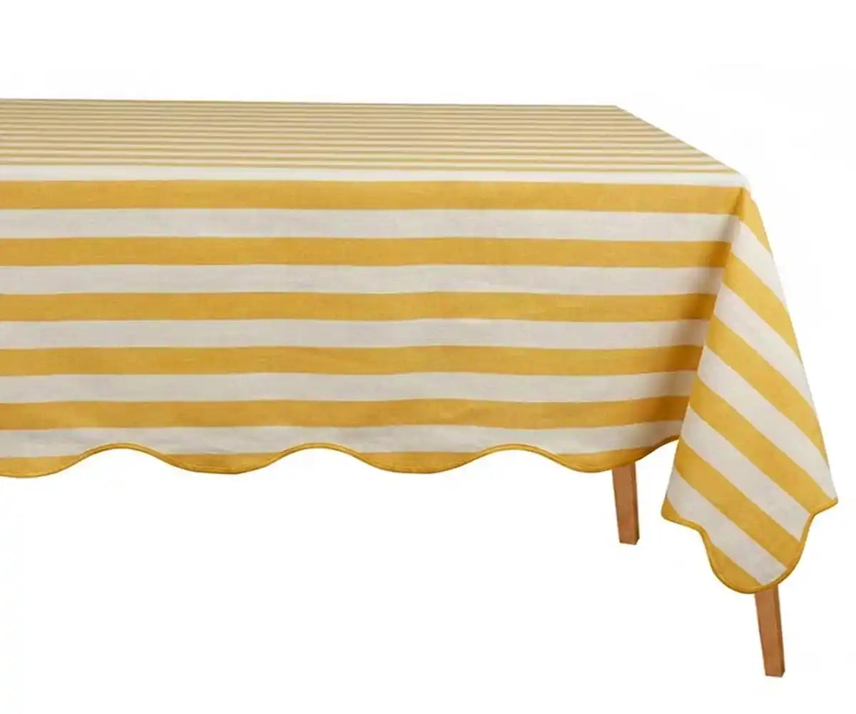 Yellow and white striped tablecloth on rectangular table Yellow and white striped tablecloth on rectangular table