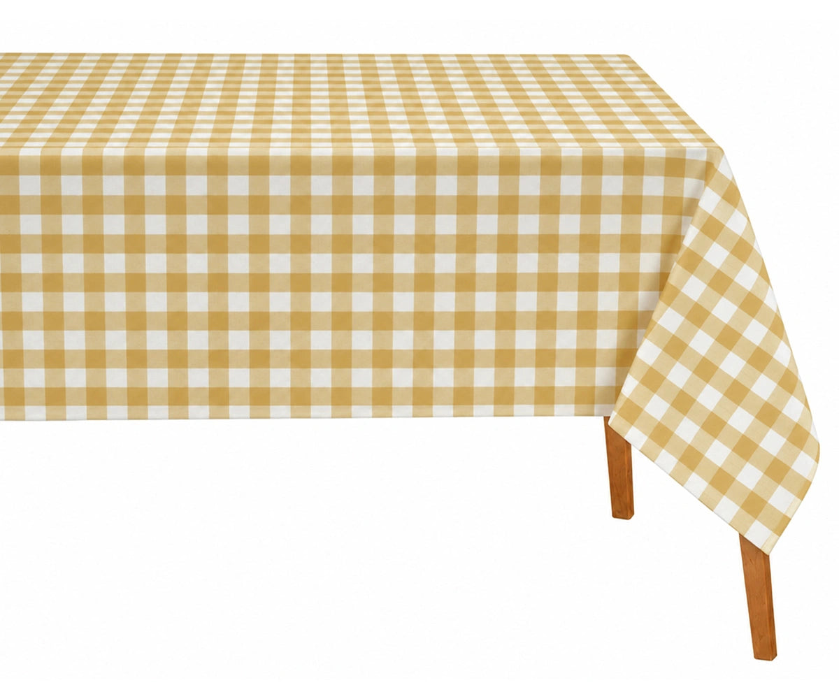 Yellow checked tablecloth styled with white dinnerware and natural woven placemats. Yellow checked tablecloth styled with white dinnerware and natural woven placemats.
