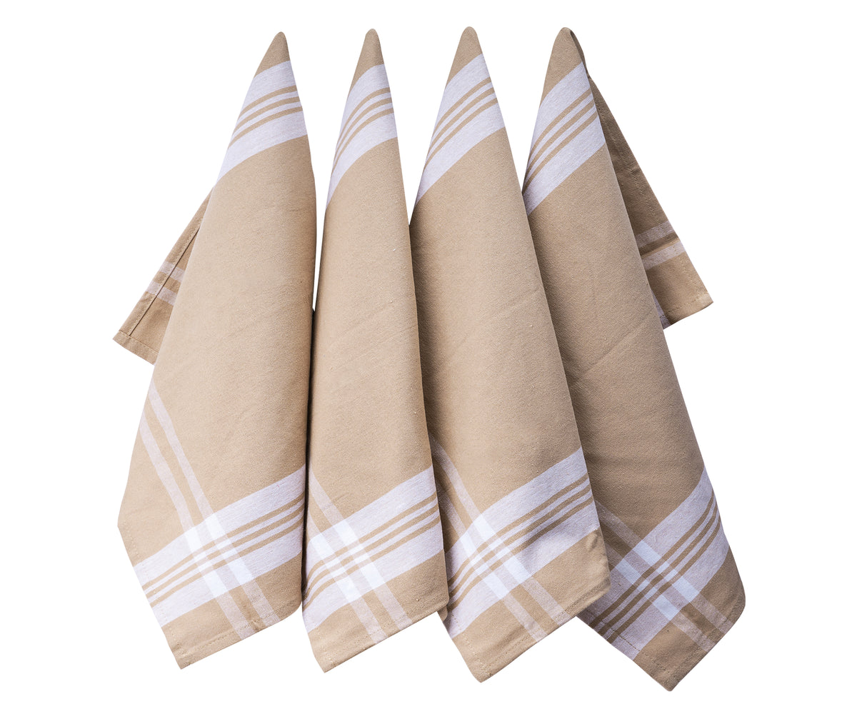 Quartet of farmhouse kitchen hand towels with white and tan stripe design Quartet of farmhouse kitchen hand towels with white and tan stripe design