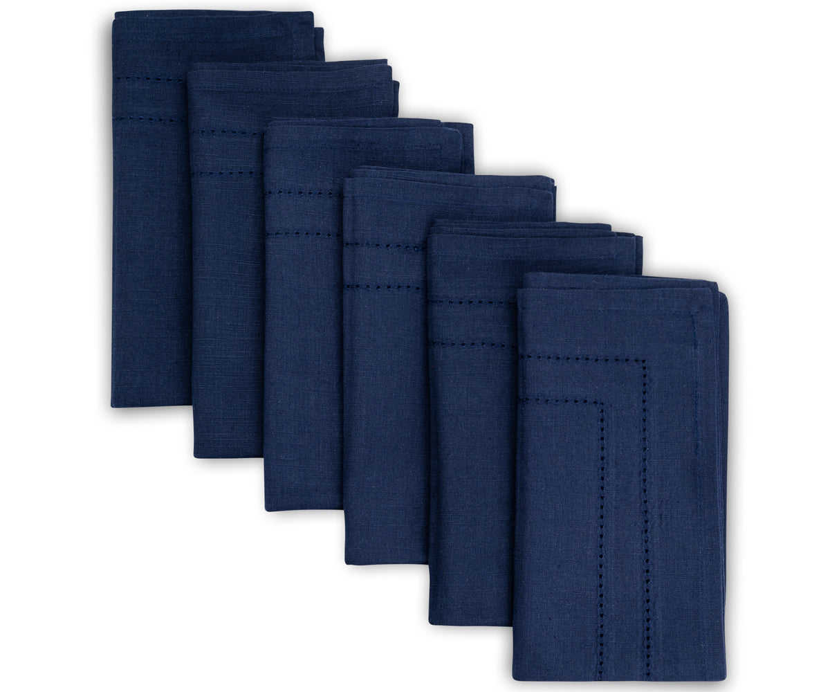 Set of six custom double hemstitch navy blue cloth napkins with white accents