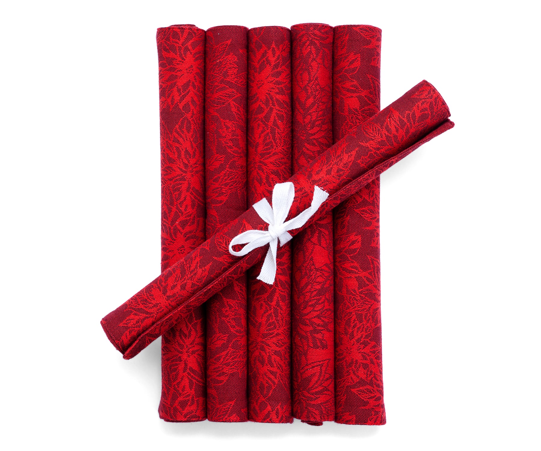 Enhance your dining table with vibrant red fabric placemats, combining elegance and protection for a delightful mealtime ambiance. Enhance your dining table with vibrant red fabric placemats, combining elegance and protection for a delightful mealtime ambiance.