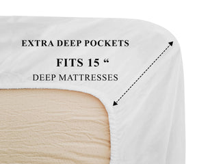 Detail of the cotton fitted sheet showing the extra deep pocket measurements