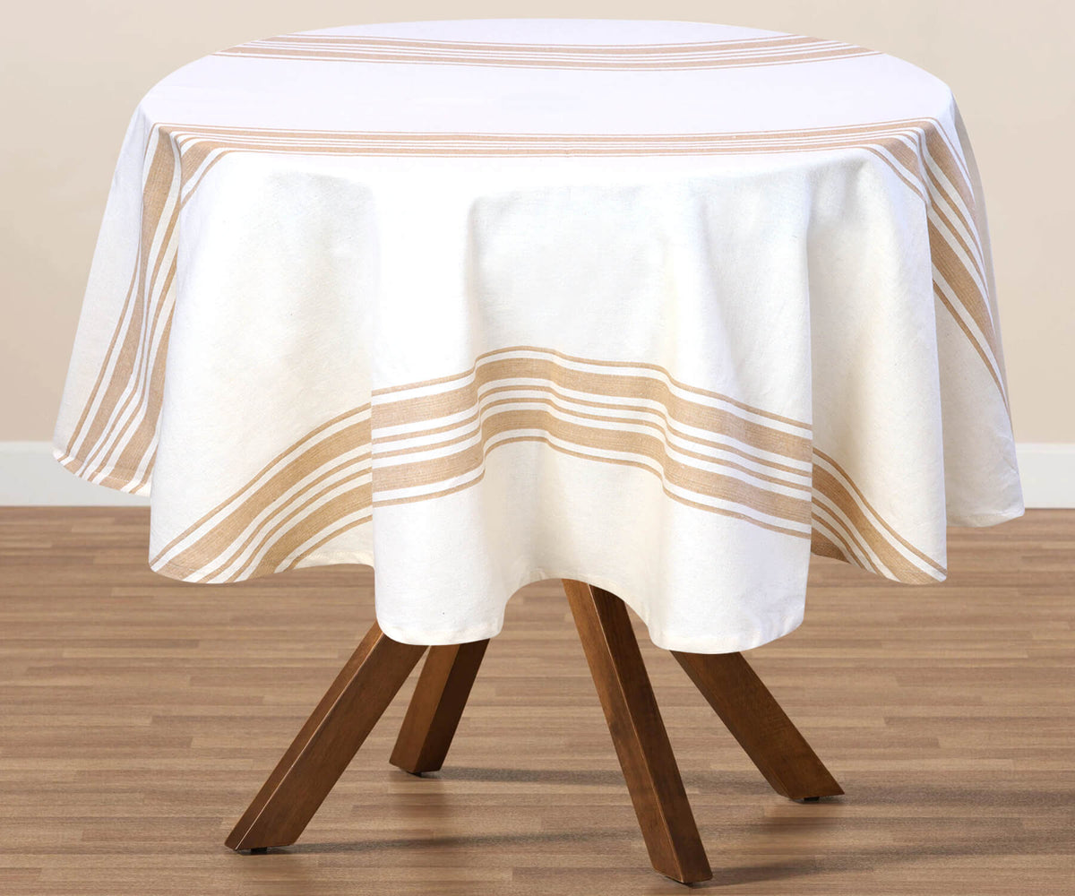 Discover beige round tablecloths that fit snugly and enhance the look of your dining table. Discover beige round tablecloths that fit snugly and enhance the look of your dining table.