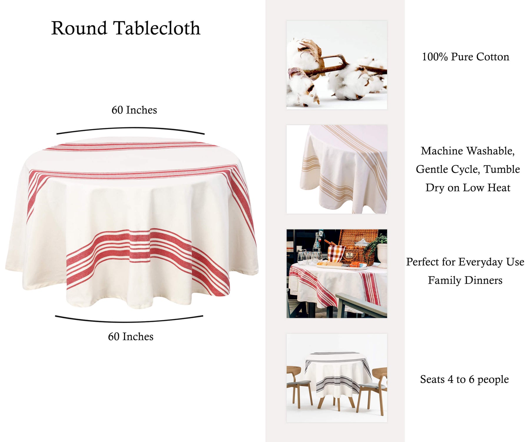 Multiple sizes of the round outdoor tablecloth showcased