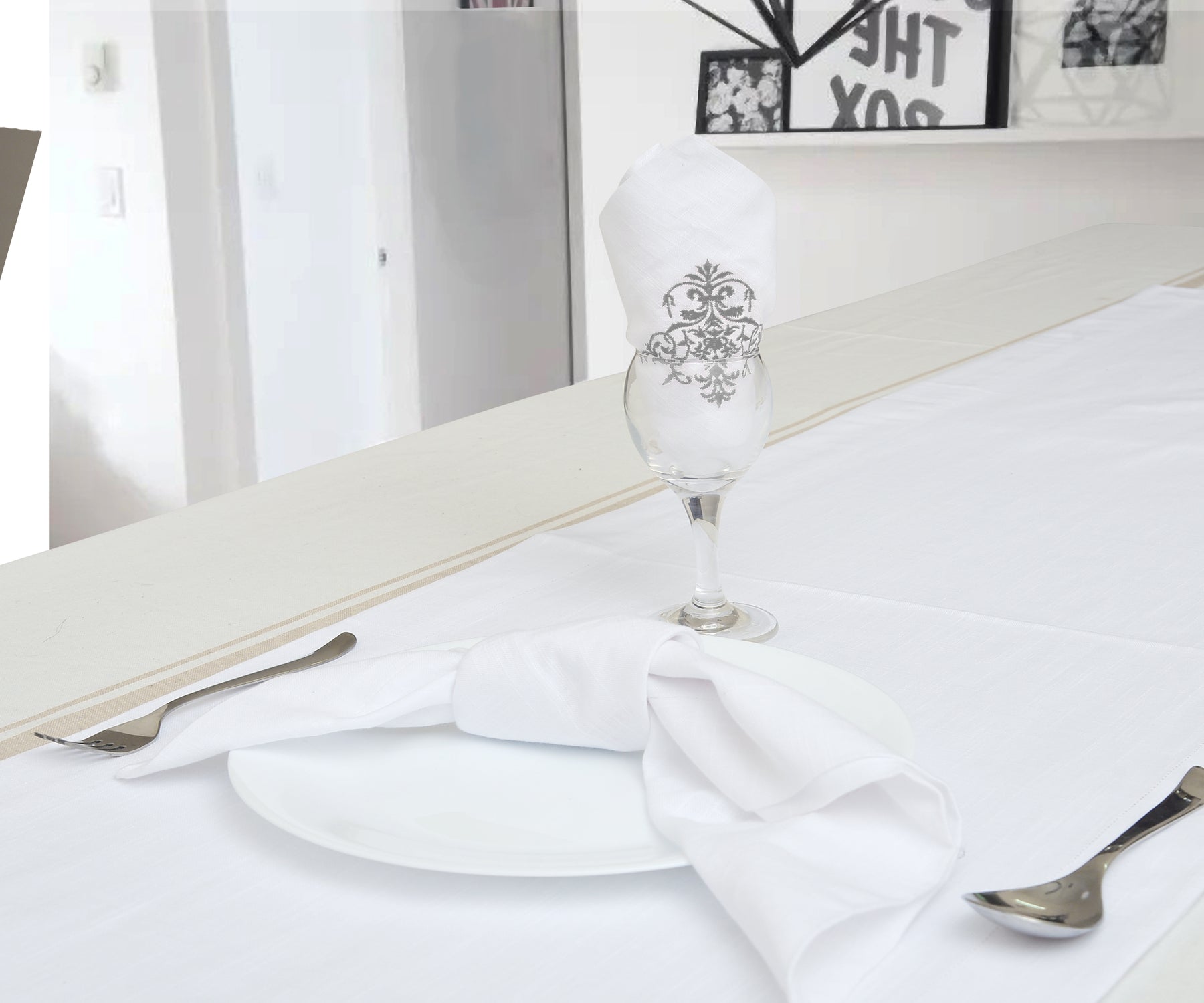 white and embroidery gray table runner are 100% cotton fabric, easter table runner.