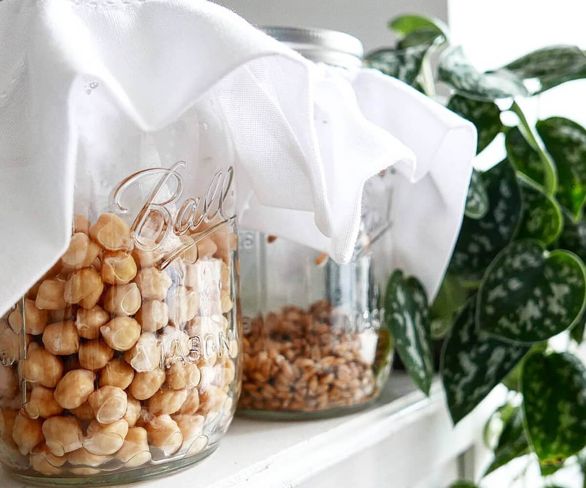 White napkin cloth covering the peas in the glass bottle on the shelves. White napkin cloth covering the peas in the glass bottle on the shelves.