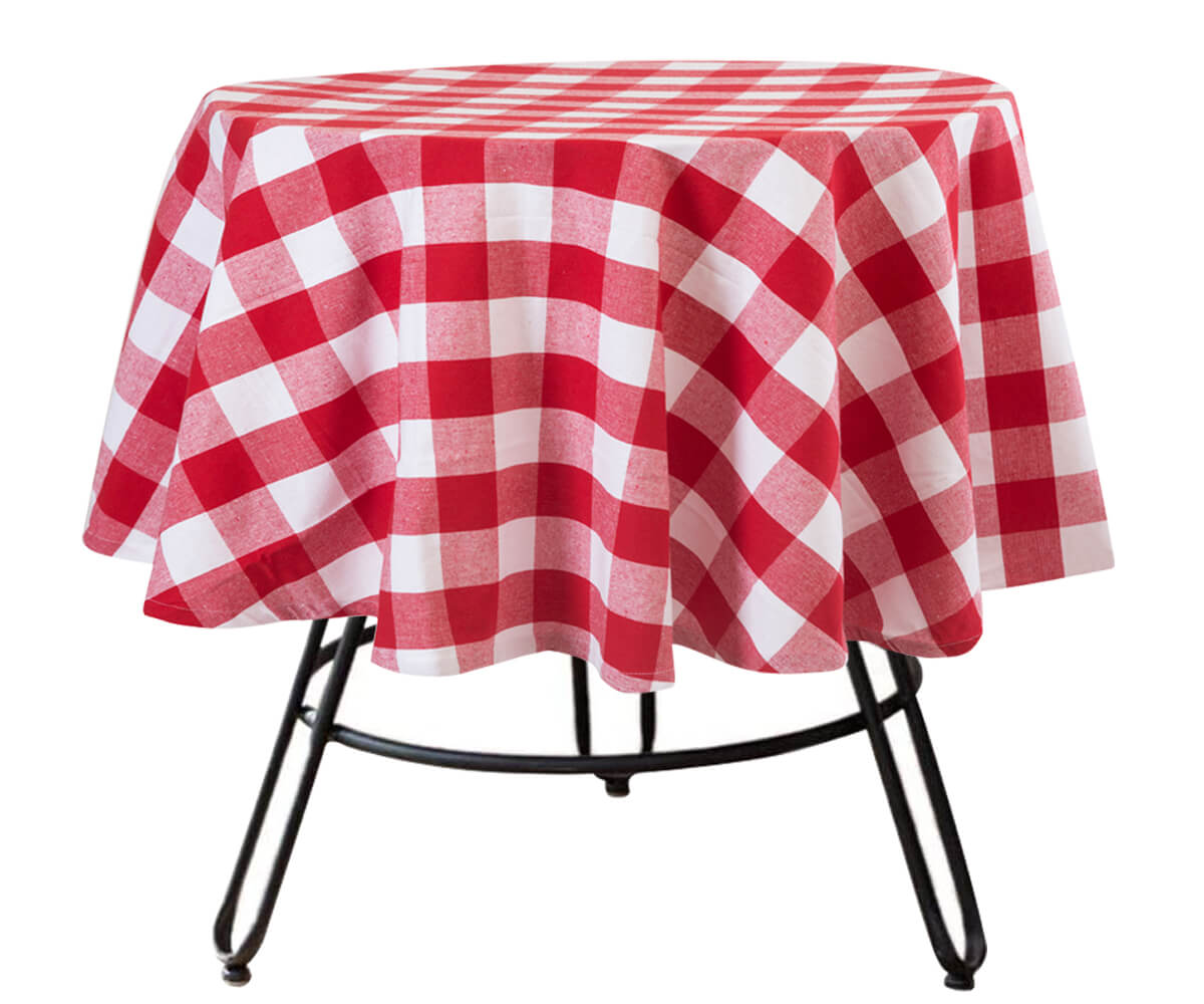 A pristine red and white tablecloth for elegant settings.