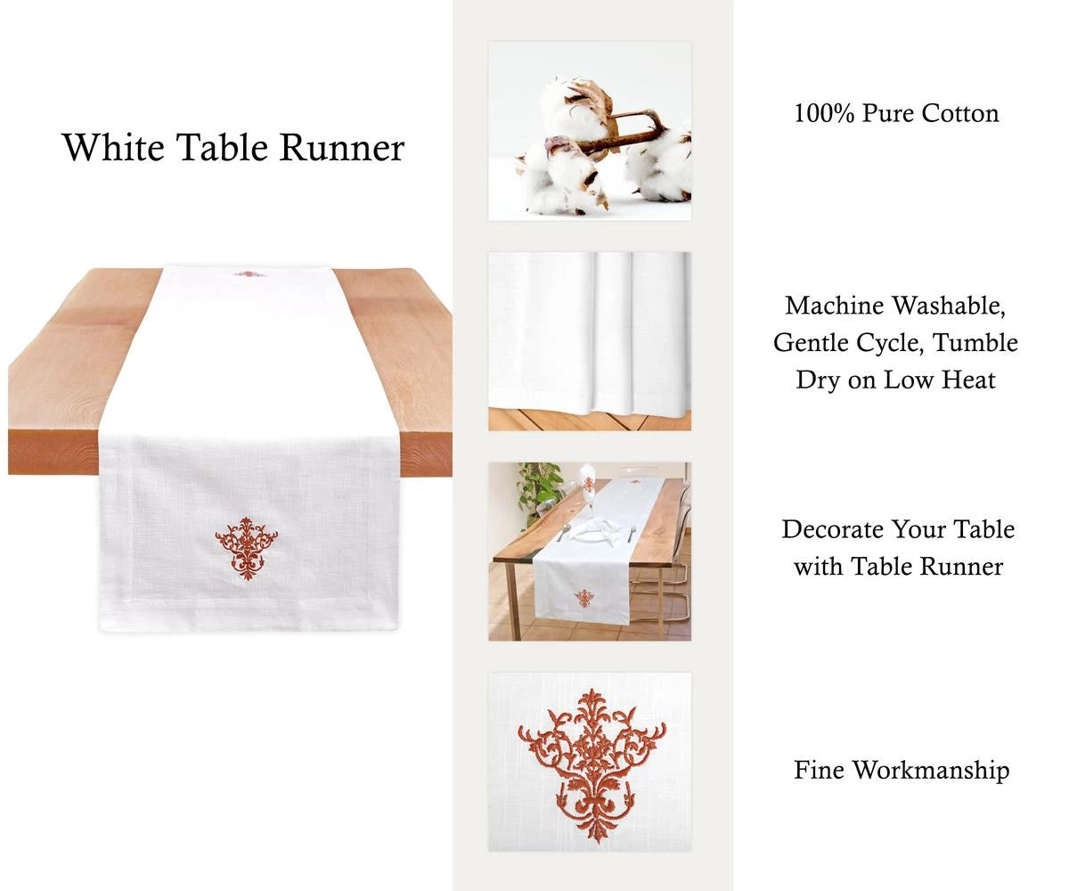 The table runner is made with 100% cotton fabric table runner, white hemstitched table runners, red table runner with embriodery desing The table runner is made with 100% cotton fabric table runner, white hemstitched table runners, red table runner with embriodery desing