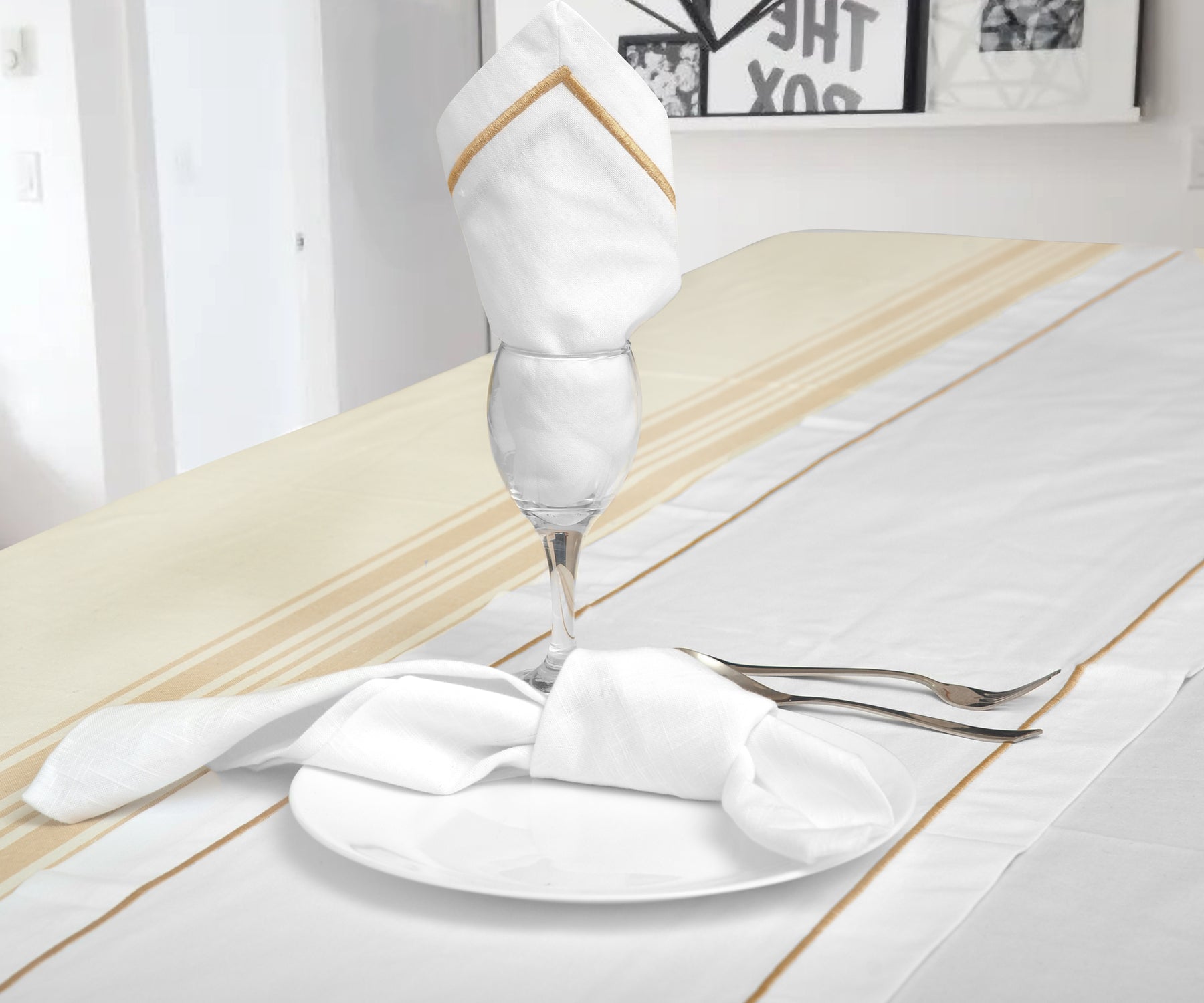 white cloth table runner, beige table runner, modern table runner, table linens.