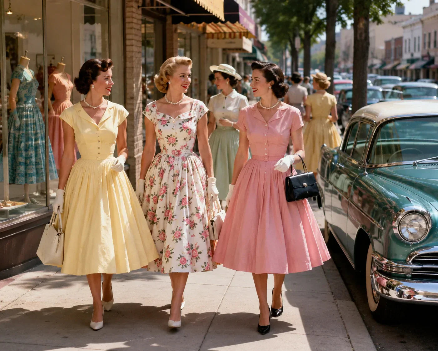 Three women in 1950s fashion dresses walking on a sidewalk with a classic car and store window in the background.