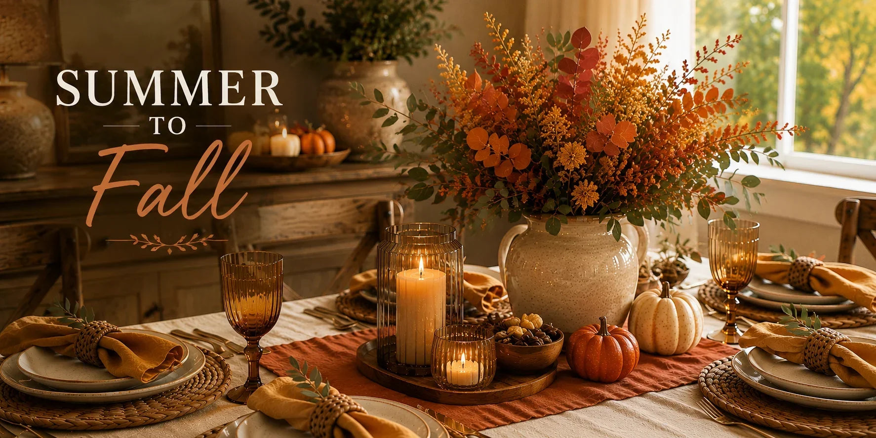 A styled autumn table setting with a large floral centerpiece in a ceramic pitcher, amber glass candle holders, plates, napkins, and small pumpkins.