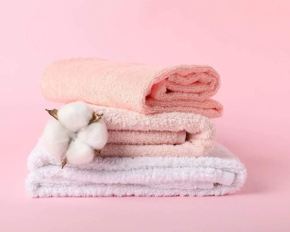 White cotton bath towels and bath sheets neatly folded and stacked in a bright bathroom setting