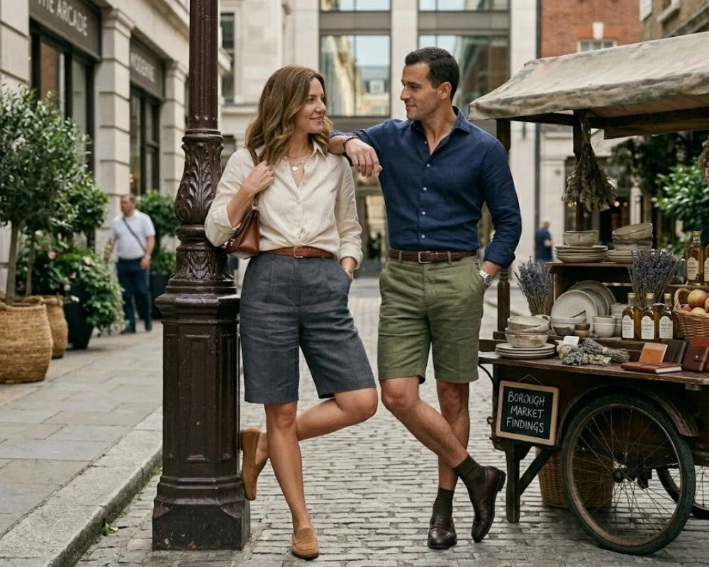 Man and woman walking together on a city street with a market cart in the background, wearing Bermuda shorts