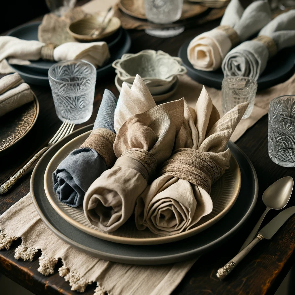 The napkins are displayed in a variety of natural, earthy colors and are complemented by rustic ceramic plates, silver cutlery, and crystal glassware.