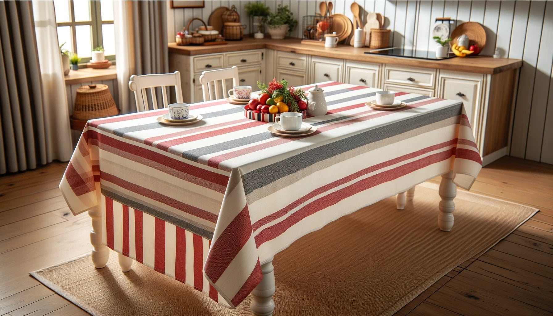 A rectangular dining table in a cozy kitchen setting, covered with a red and white striped tablecloth. The table is casually set with white plates, colorful mugs, and a centerpiece of fresh fruit. 