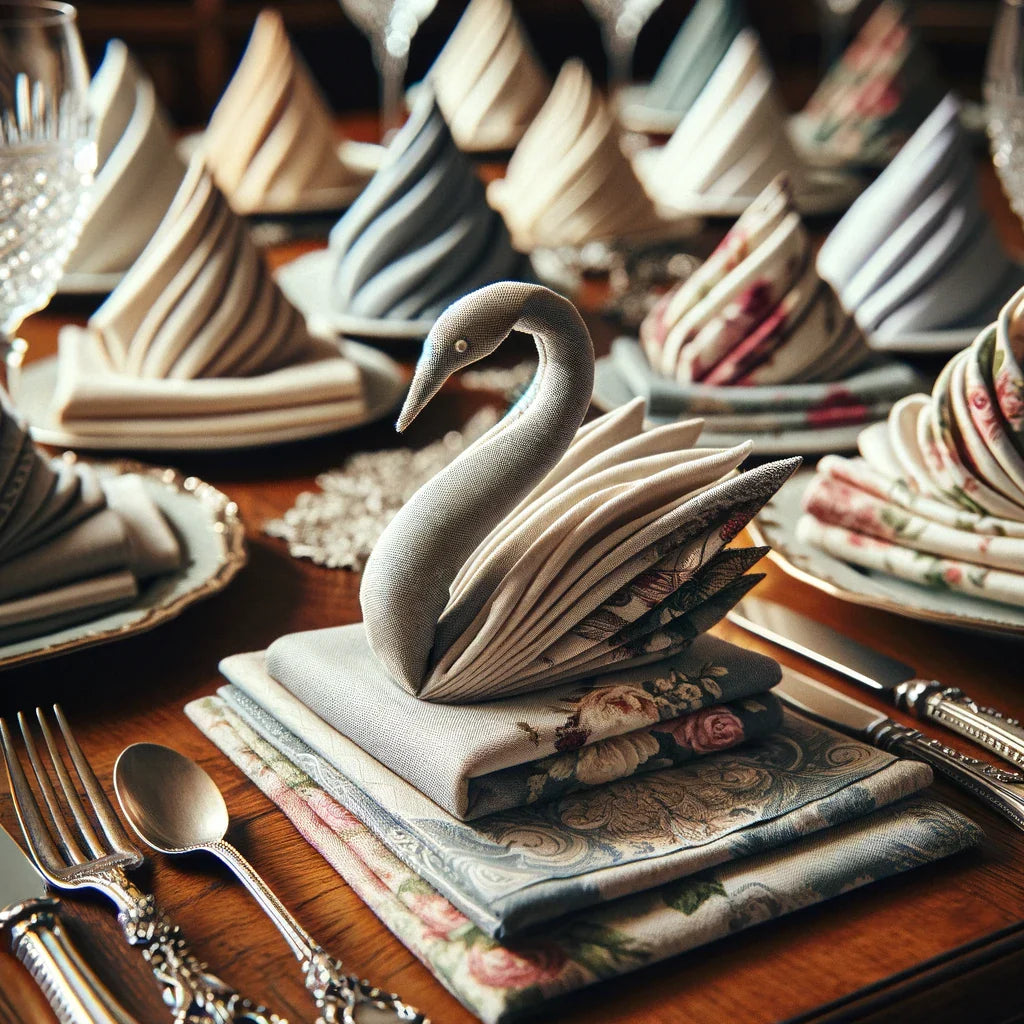 Here is an image featuring a variety of elegant cloth napkins arranged on a wooden dining table. The napkins are creatively folded in different shapes and feature various patterns, complemented by a luxurious dining setting.
