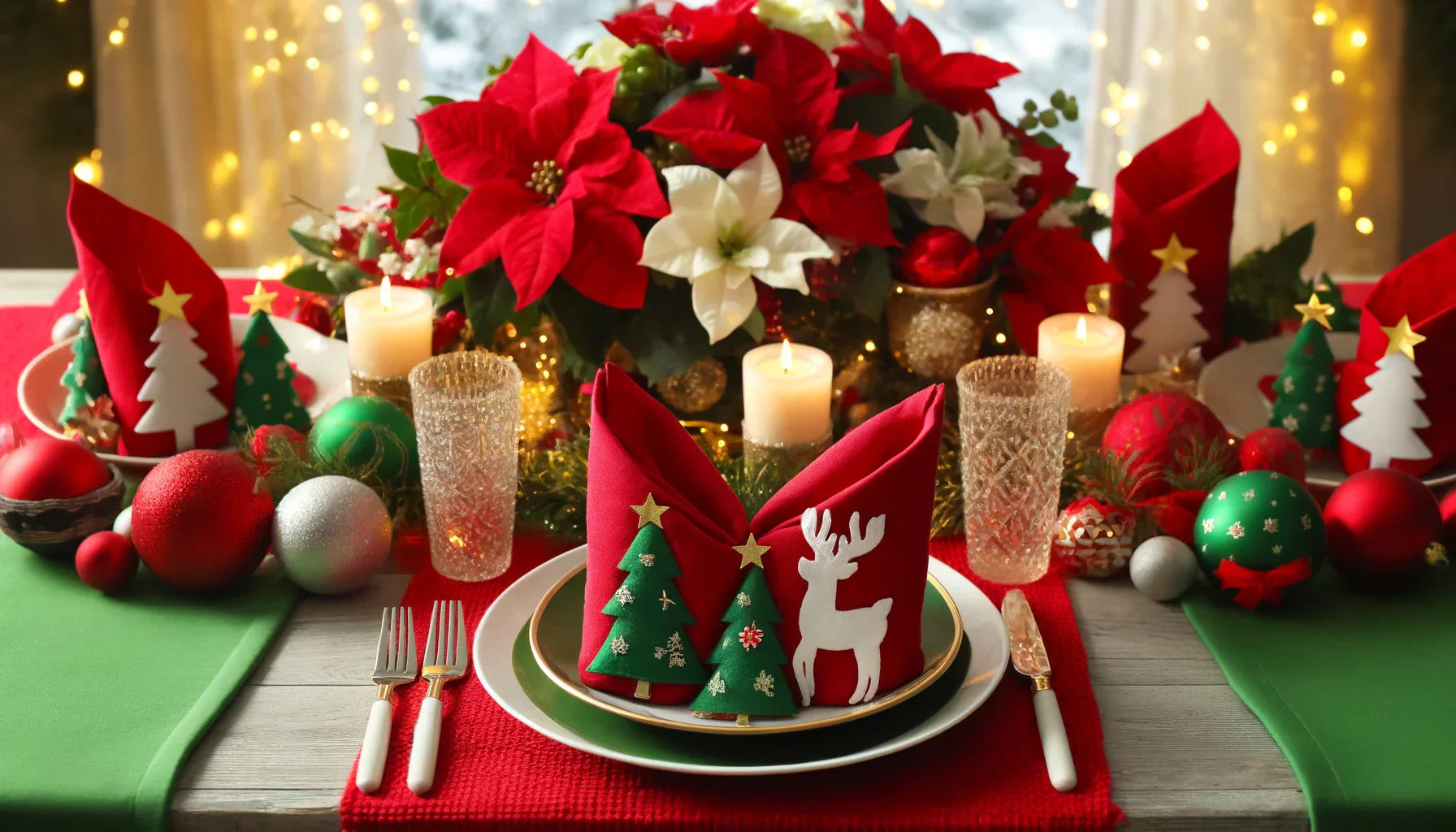Festive Christmas table setting featuring red napkins folded into the shape of reindeer and green napkins folded into Christmas trees.