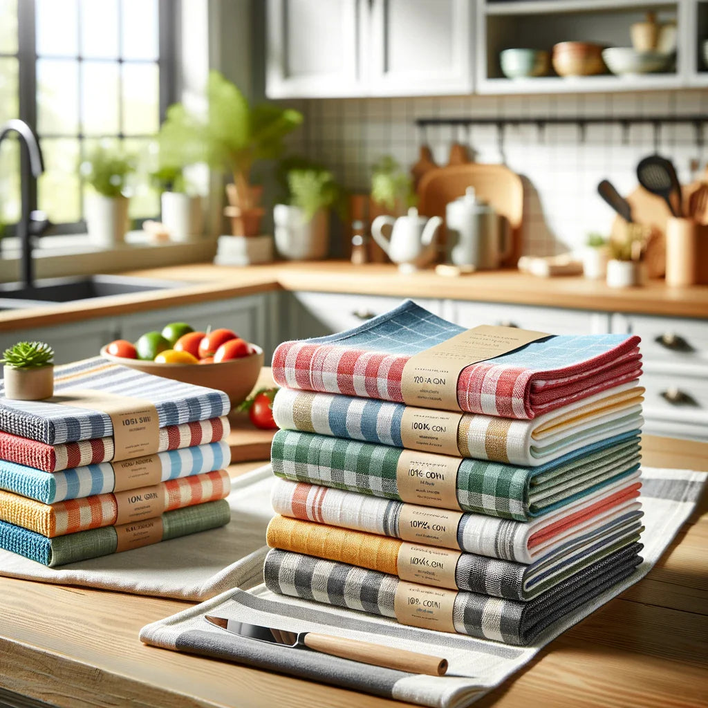 Colorful Dish Towels on Kitchen Counter: A set of colorful dish towels neatly folded on a kitchen counter. The dish towels are made of high-quality cotton and feature various patterns such as stripes, checks, and solids.