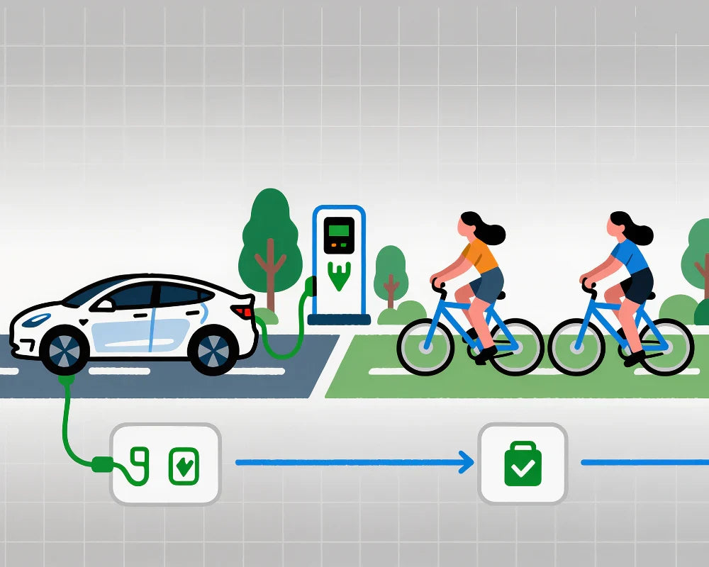 Illustration of an electric car charging station with students on bicycles and green eco-friendly icons.