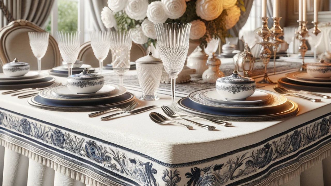 Elegant outdoor dining setup featuring a red and white checkered silk tablecloth with ornate gold trim. 
