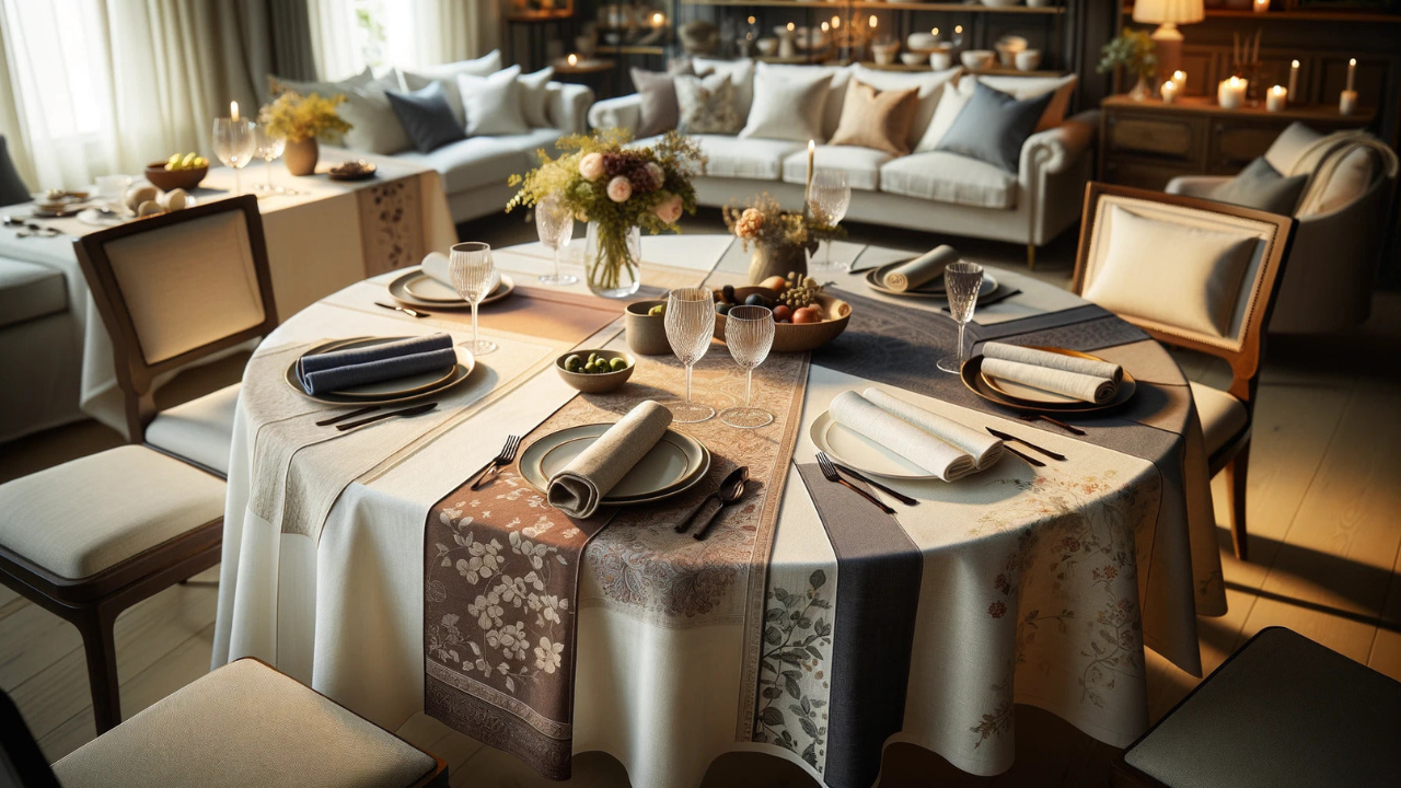 A table beautifully set with different types of tablecloths.