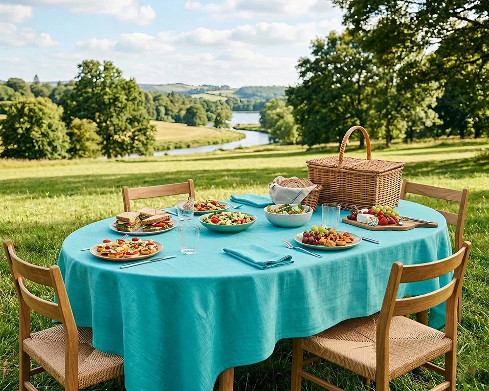 Outdoor picnic setup with a tablecloth, best picnic recipes, and a basket in a scenic park.
