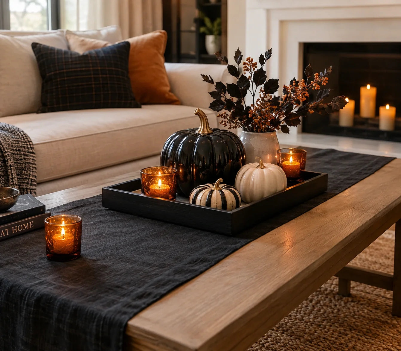 Chic Halloween coffee table decor with black linen runner and amber candles