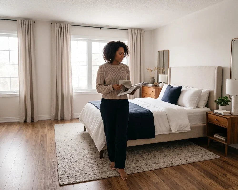 A woman stands in a bright, modern bedroom with beautiful wooden furnitures, reading a magazine.
