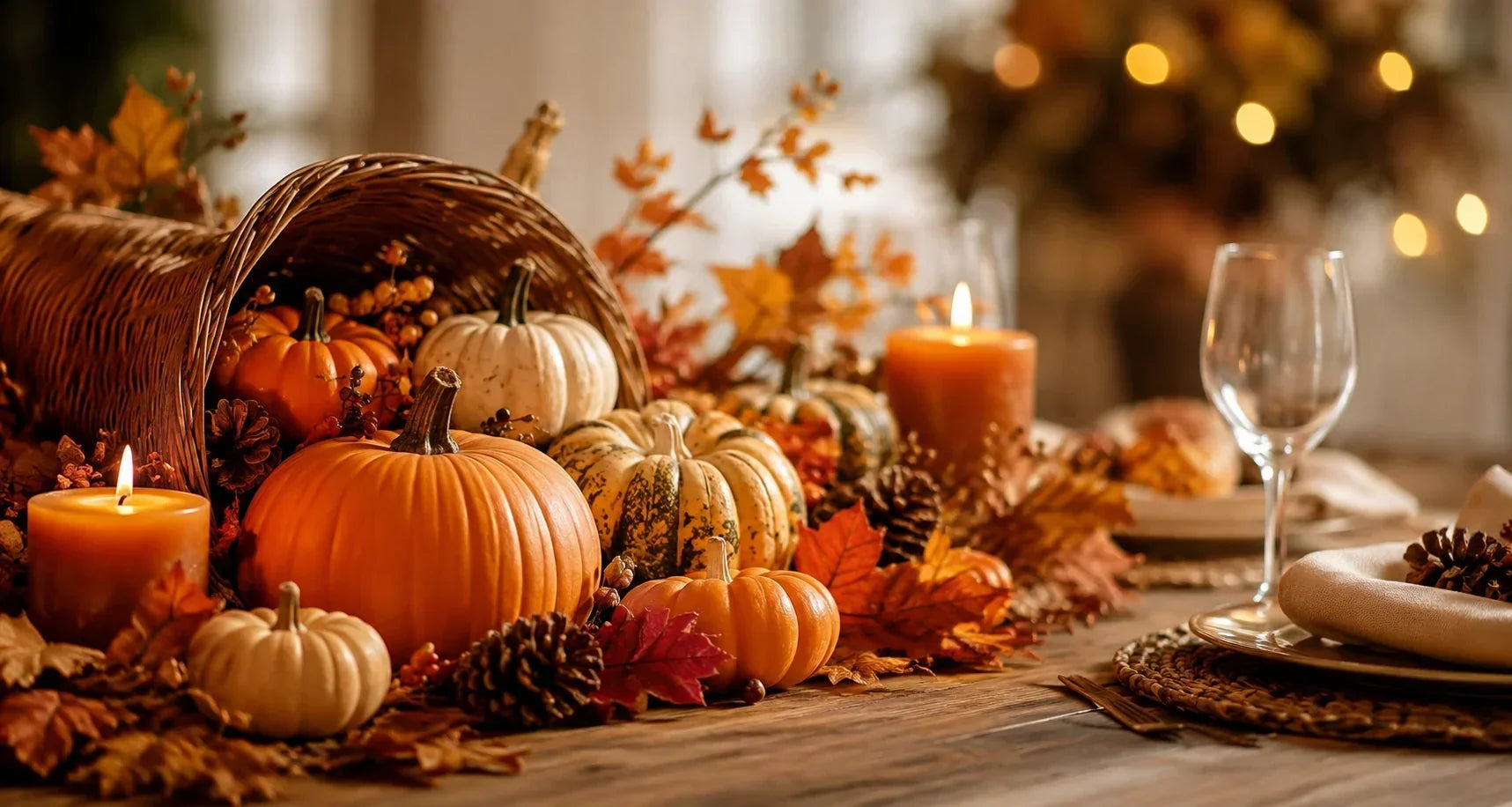 Rustic Thanksgiving table centerpiece with pumpkins, candles, fall leaves, and seasonal decorations for a festive dining table.