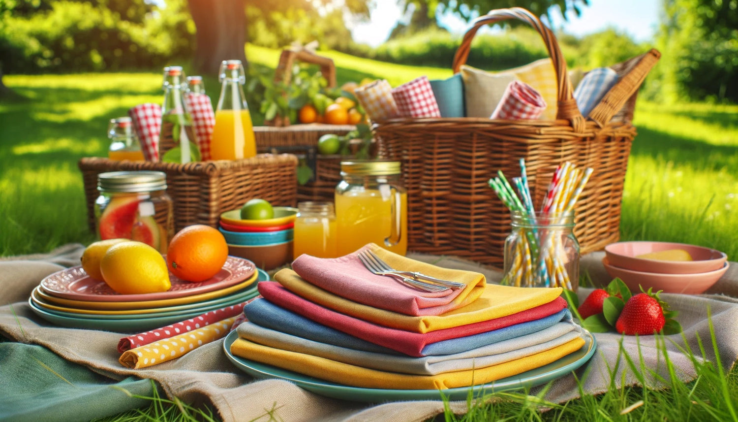 Cozy outdoor picnic with linen napkins in vibrant colors. linen napkins in earthy tones set on a rustic dining table. 