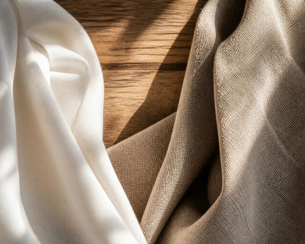 Linen and cotton fabrics displayed side by side to compare their texture, weave, and natural fibers.