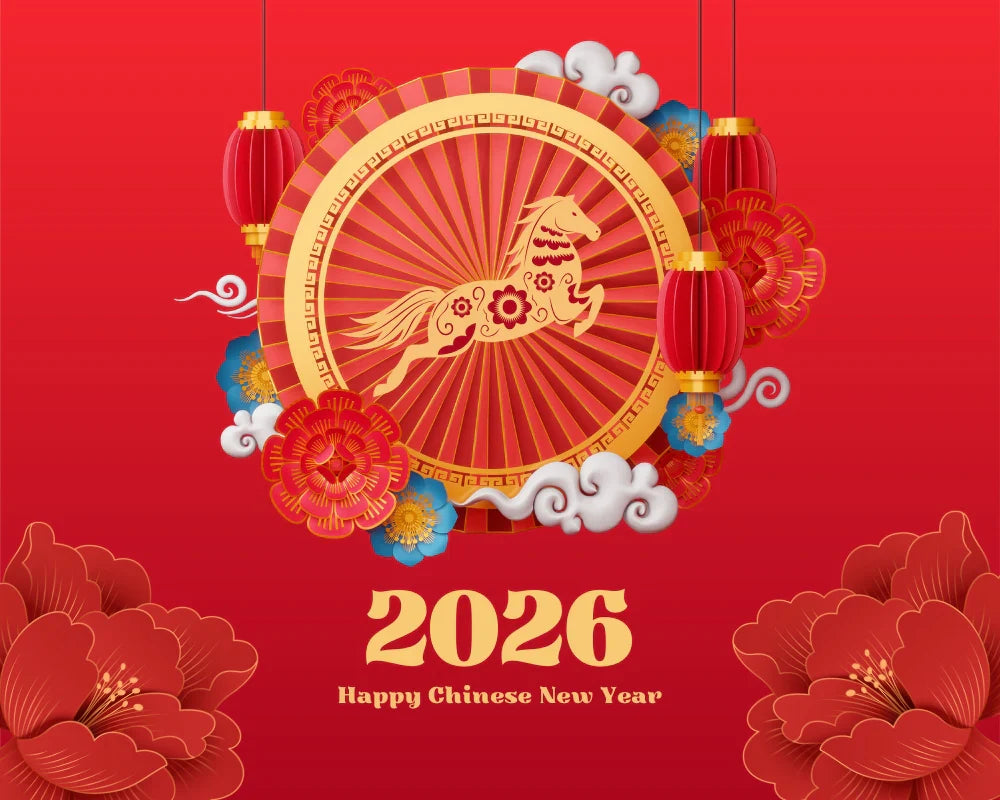 Happy Chinese New Year 2026 card with a horse design on a red background