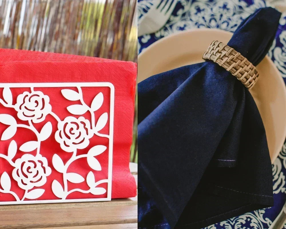 Napkin holder and napkin rings side by side for a comparison of table setting styles