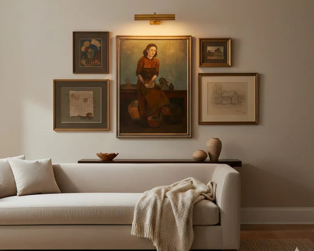 A warm, elegant gallery wall featuring framed artwork illuminated by a brass picture light.