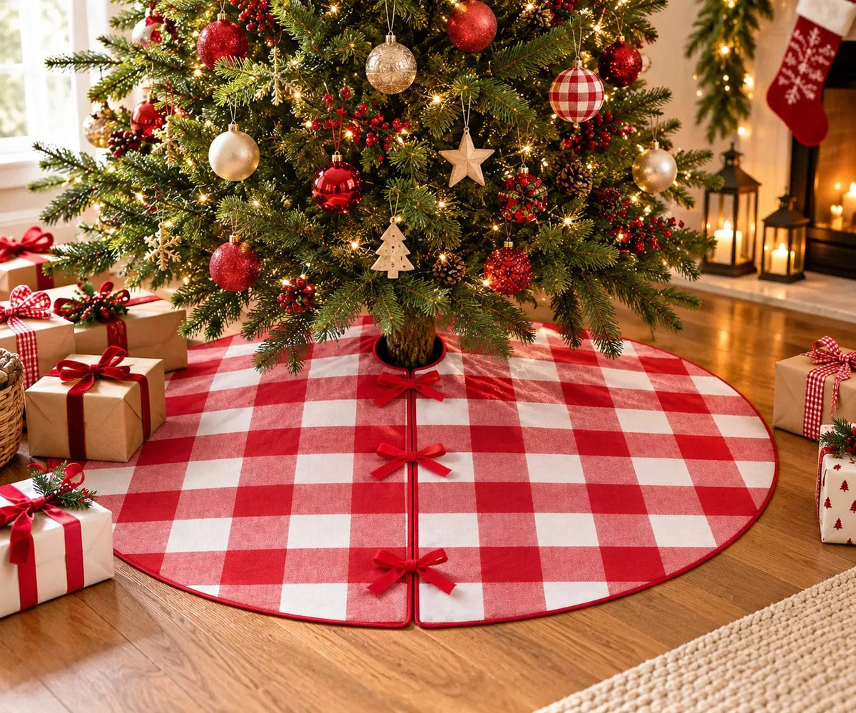 Red and white plaid Christmas tree skirt under a decorated Christmas tree surrounded by wrapped presents